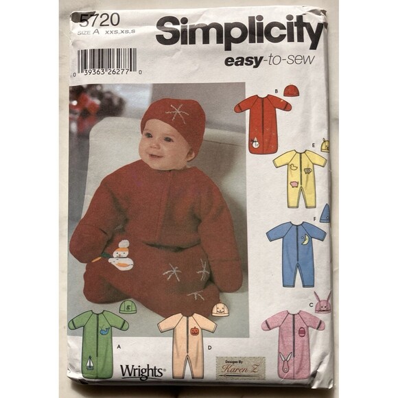 Simplicity Pattern 5720 Baby Bunting One Piece Romper & Hats Uncut New Sleeper - Picture 1 of 4